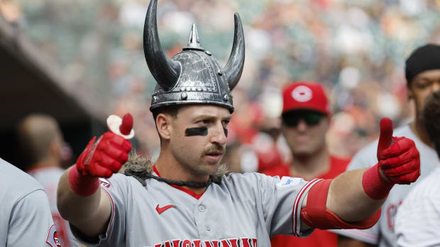 Sep 14, 2023; Detroit, Michigan, USA; Cincinnati Reds first baseman Spencer Steer (7) receives congratulations from teammates after he hits a home run in the sixth inning against the Detroit Tigers at Comerica Park. Mandatory Credit: Rick Osentoski-USA TODAY Sports 